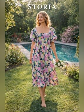 Storia Floral Puff Sleeve Midi Dress  Cottagecore Lined Smocked Back Size S